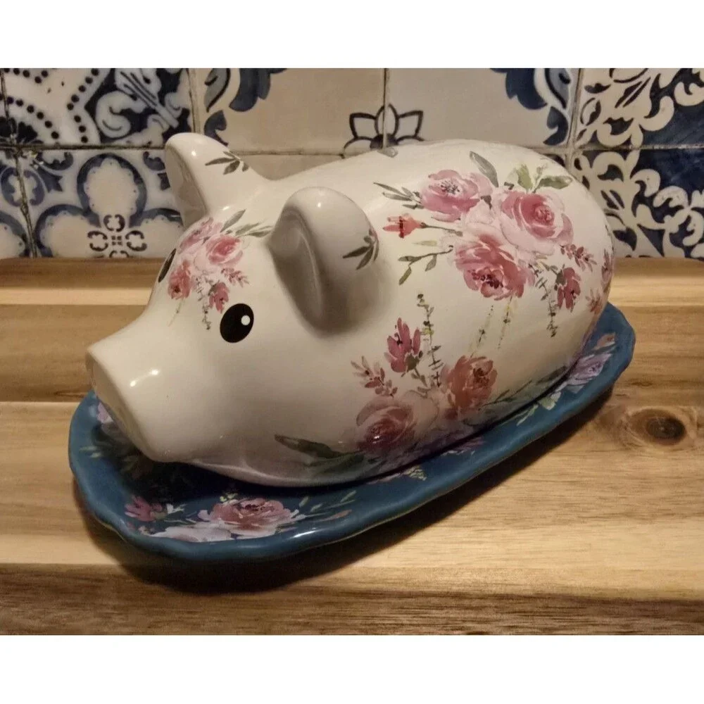 Ceramic Pig Floral Covered Butter Dish Set w/ Lid & Dish 8 in
